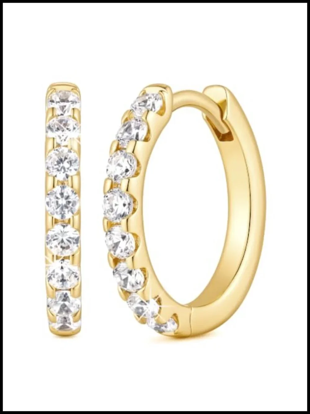 14k Gold Plated Hoop Earrings for Women with Cubic Zirconia - Half Pavé Huggie